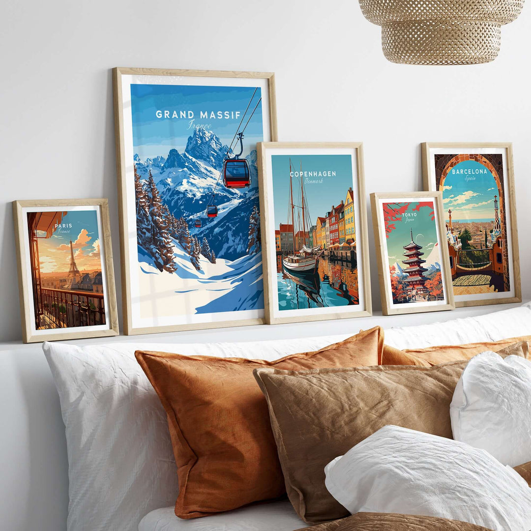 Grand Massif Ski Print featured among other scenic travel prints in a stylish home decor setting.