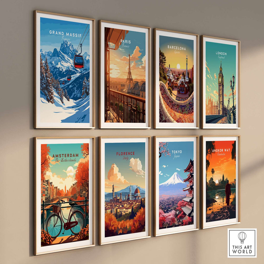 Gallery of travel-inspired prints featuring Grand Massif, Paris, Barcelona, London, Amsterdam, Florence, Tokyo, and Angkor Wat.