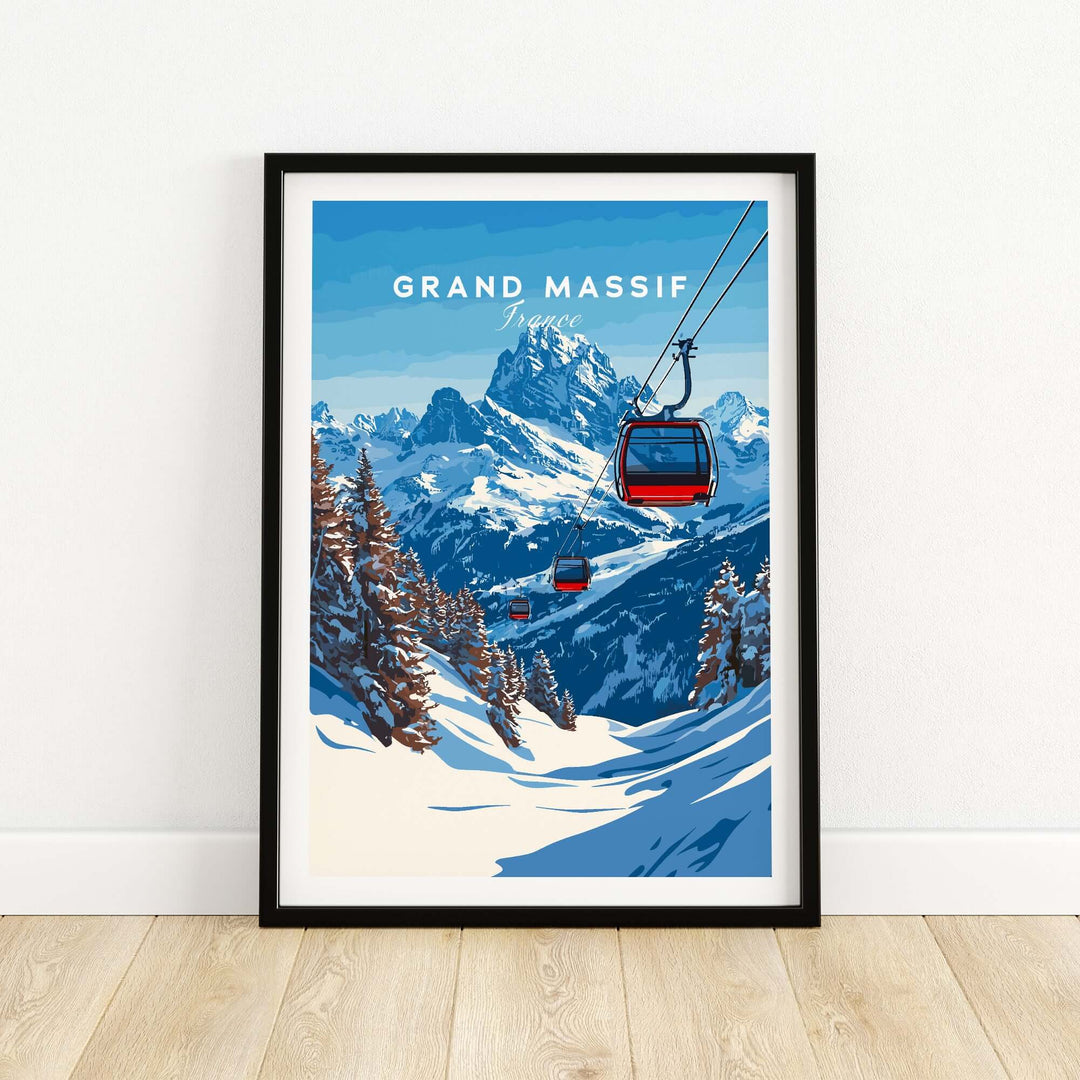 Framed Grand Massif Ski Print showcasing a gondola in snowy mountains, perfect for ski enthusiasts.