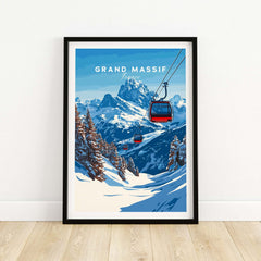 Framed Grand Massif Ski Print showcasing a gondola in snowy mountains, perfect for ski enthusiasts.