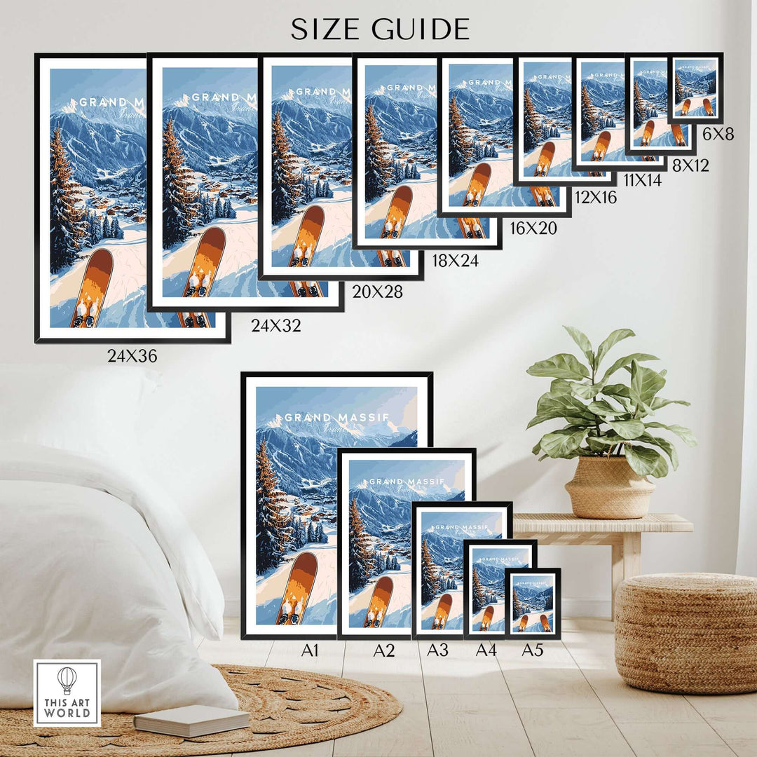 Size guide for Grand Massif Ski Wall Art featuring different frame sizes and a beautifully designed mountain scene.