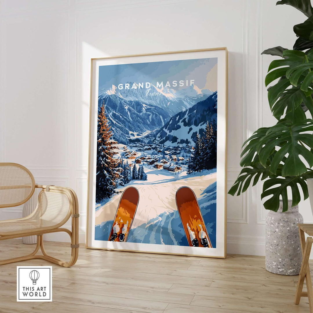 Grand Massif Ski Wall Art in modern decor, showcasing snowy mountains and skis, perfect for skiing enthusiasts.