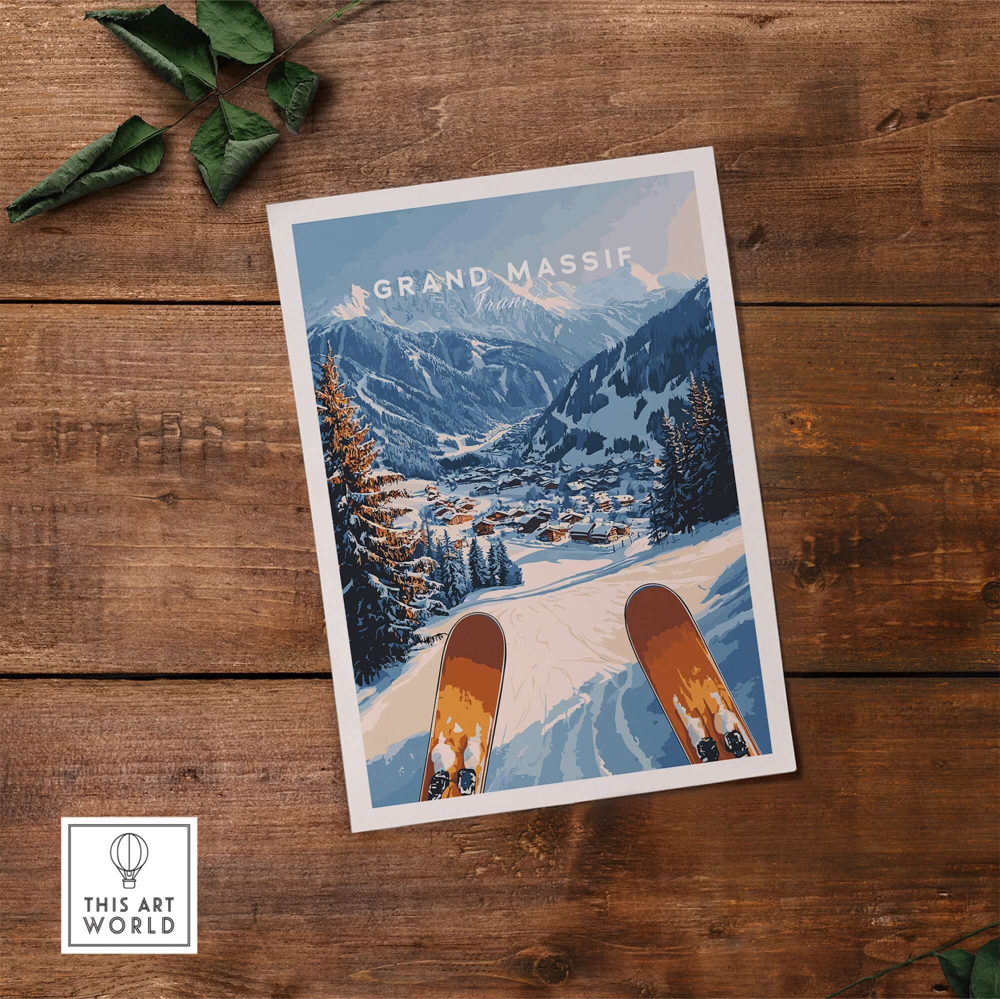 Grand Massif Ski Wall Art showcasing a serene mountain landscape with skis, perfect for enhancing home decor.