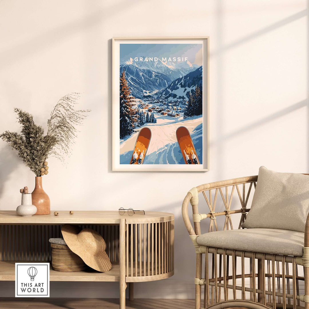 Grand Massif Ski Wall Art displayed in a modern home setting, featuring skis and a mountain landscape design.