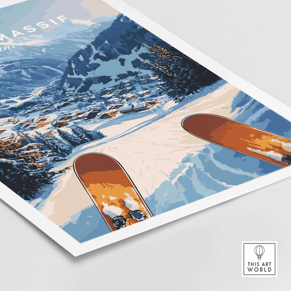 Grand Massif Ski Wall Art featuring snowy mountains and skis, ideal for skiing enthusiasts and home decor.