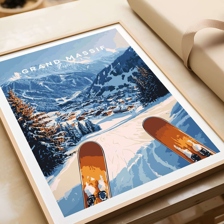 Framed Grand Massif Ski Wall Art featuring ski equipment and a mountain landscape, perfect for home decor.