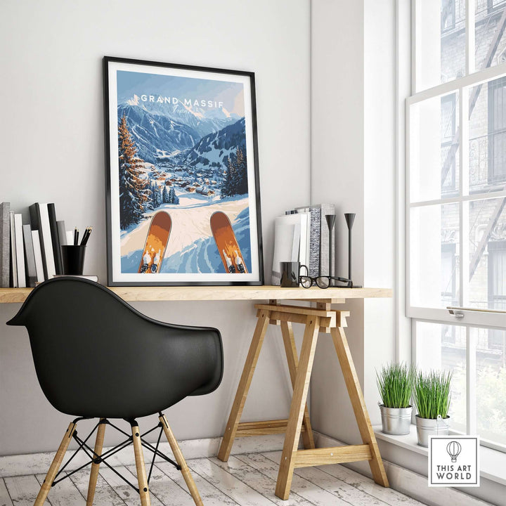 Grand Massif Ski Wall Art in a modern home office, showcasing skiing and mountain elegance.