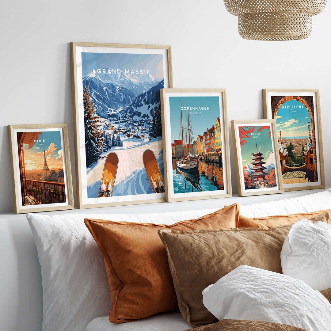 Grand Massif Ski Wall Art displayed in a cozy living room with other travel-themed art pieces.