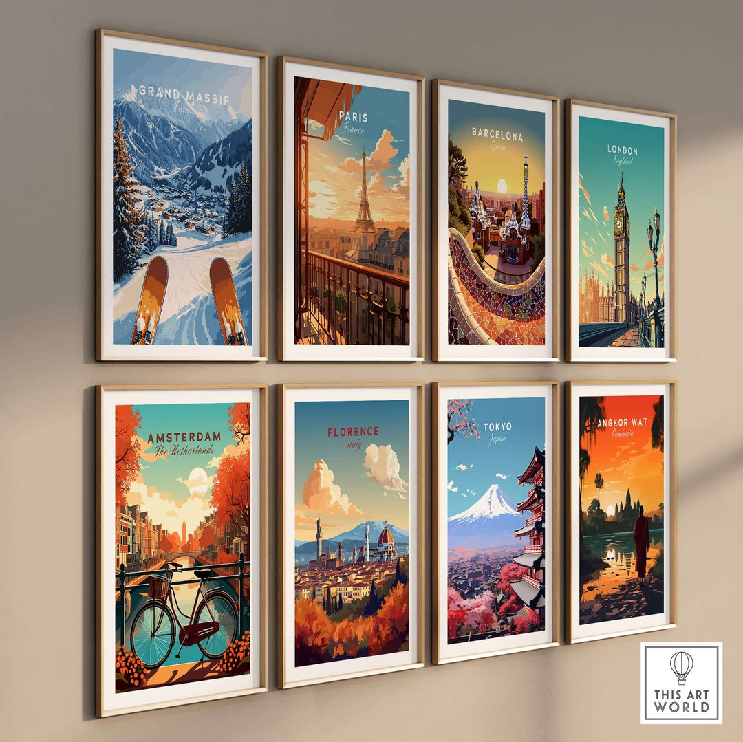 Gallery wall art featuring Grand Massif ski and iconic city designs like Paris, Barcelona, London, and Tokyo.