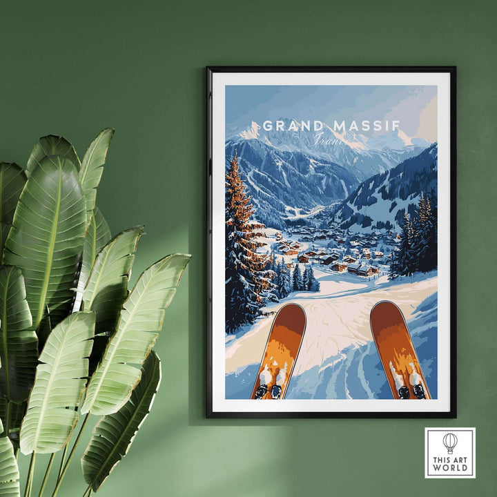 Grand Massif Ski Wall Art showcasing a winter landscape with skis, perfect for mountain and skiing enthusiasts.