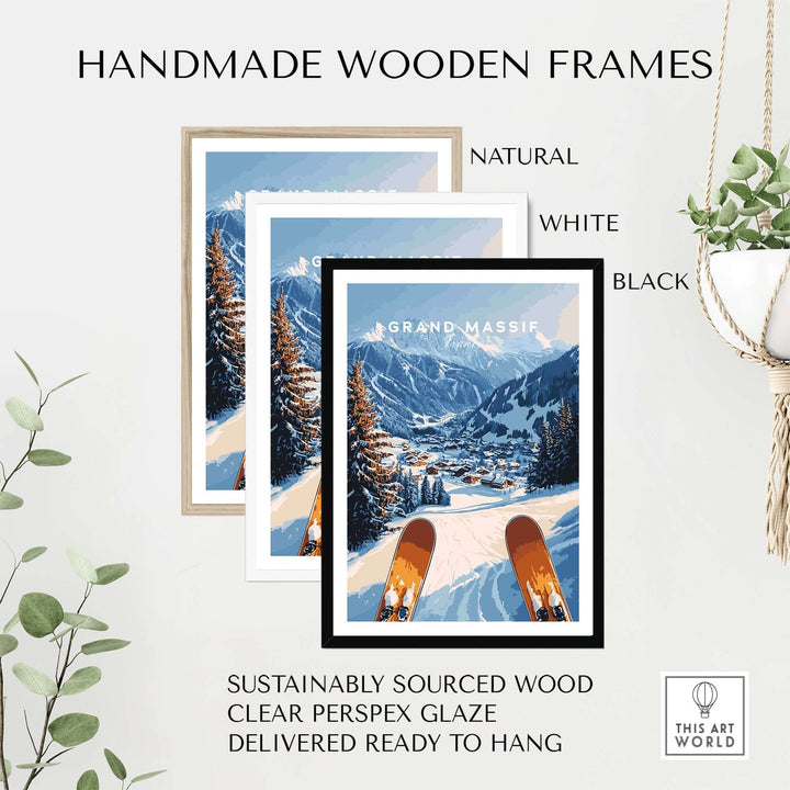 Stylish handmade wooden frames in natural, white, and black for Grand Massif Ski Wall Art, ready to hang.