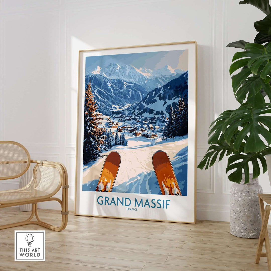 Grand Massif Ski Wall Art Print showcasing ski slopes and mountains, perfect for outdoor enthusiasts.