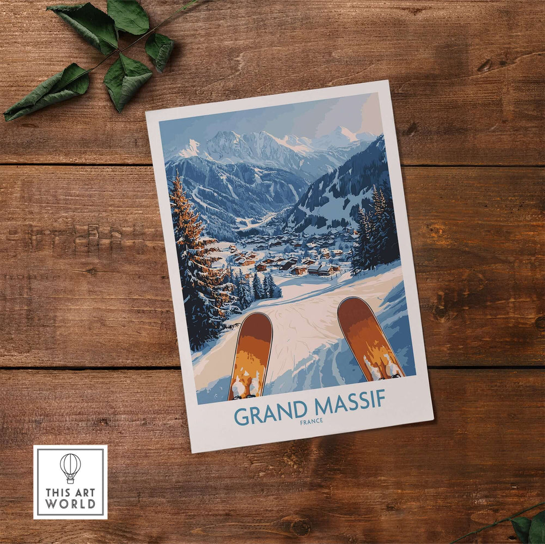 Grand Massif Ski Wall Art Print showcasing snowy slopes and mountains, perfect for winter-themed decor.