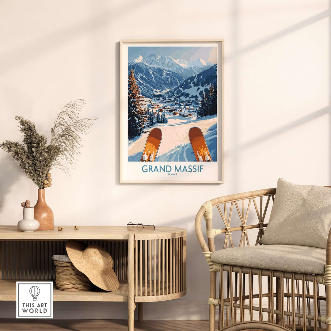 Grand Massif Ski Wall Art Print in a cozy room setting, showcasing snowy mountains and ski slopes for winter decor.