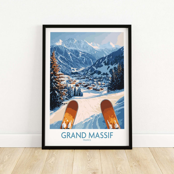 Grand Massif ski wall art print featuring snowy mountains and ski slopes in France, perfect for outdoor enthusiasts.