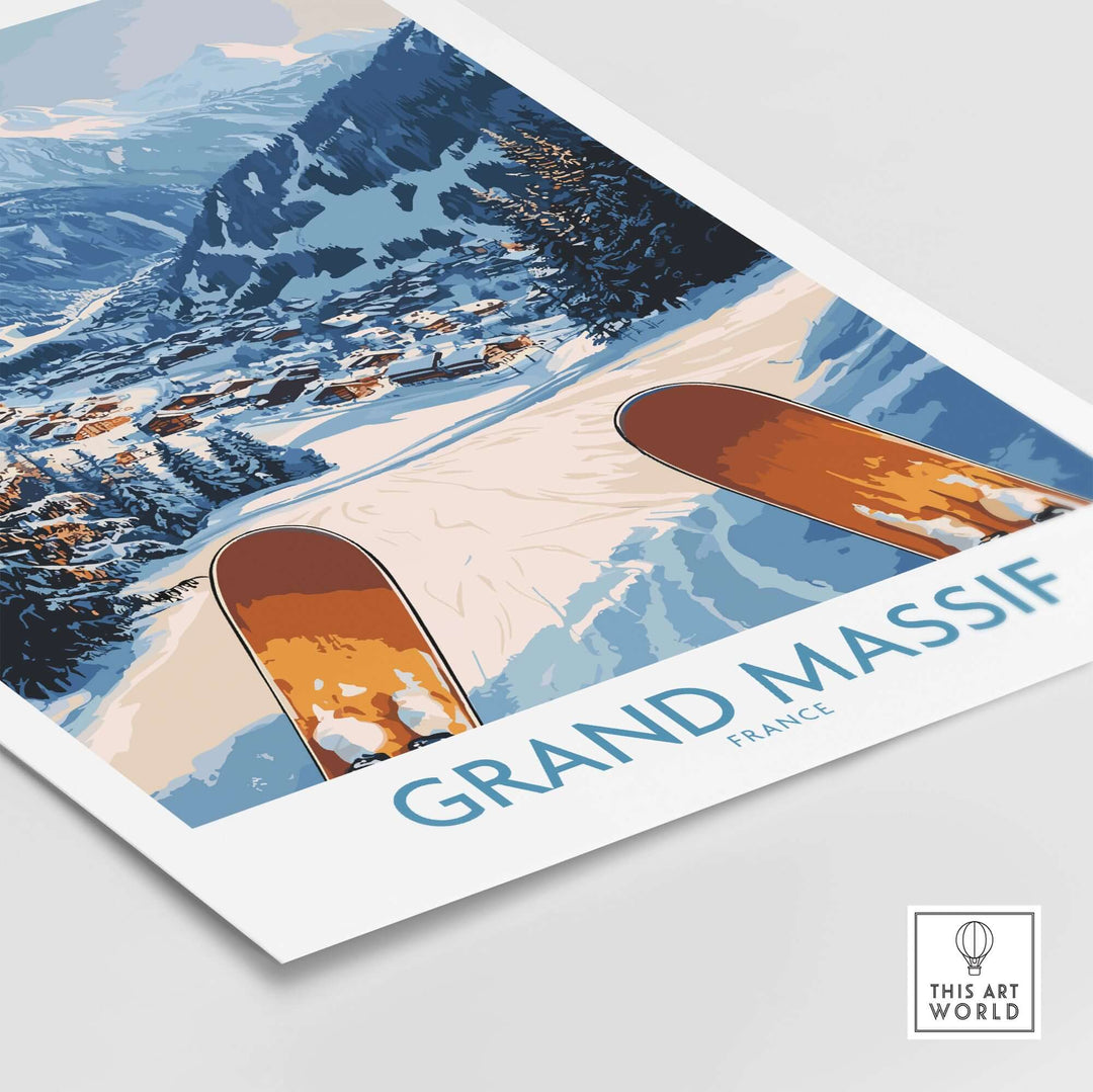 Grand Massif Ski Wall Art Print featuring ski slopes and snowy mountains, perfect for winter-themed decor.