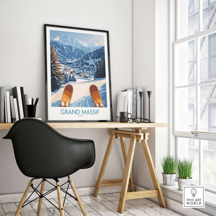 Grand Massif Ski Wall Art Print displayed in a modern workspace, showcasing winter landscapes and ski slopes.