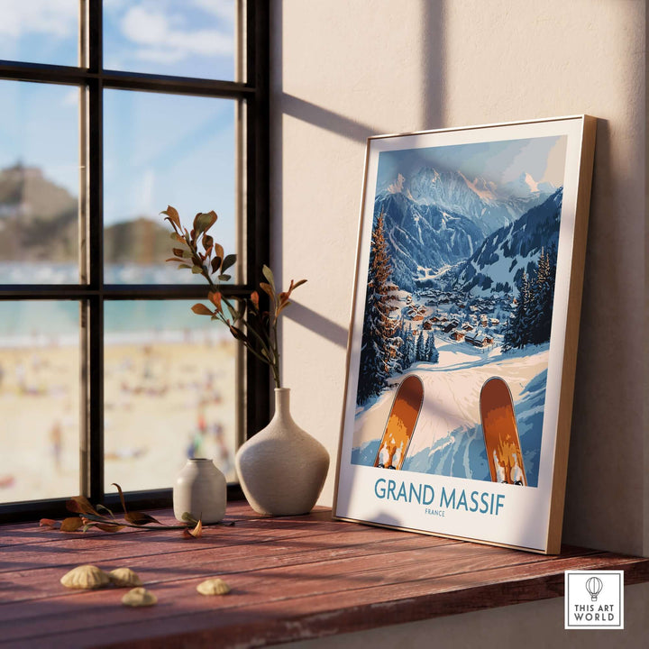 Grand Massif Ski Wall Art Print showcasing ski slopes and snowy mountains in a cozy indoor setting.