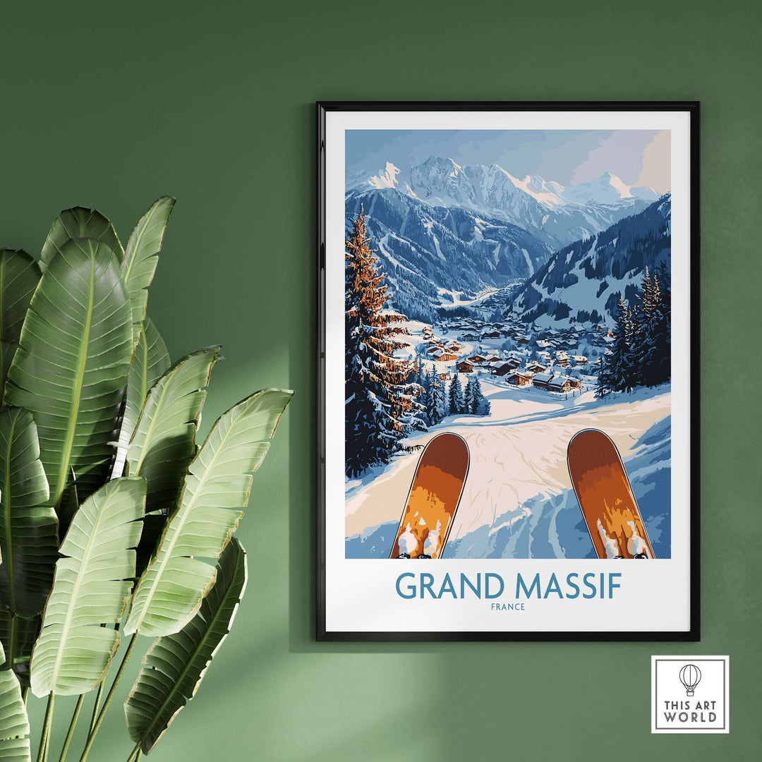 Grand Massif Ski Wall Art Print showcasing ski slopes and snowy mountains, adding winter charm to your space.