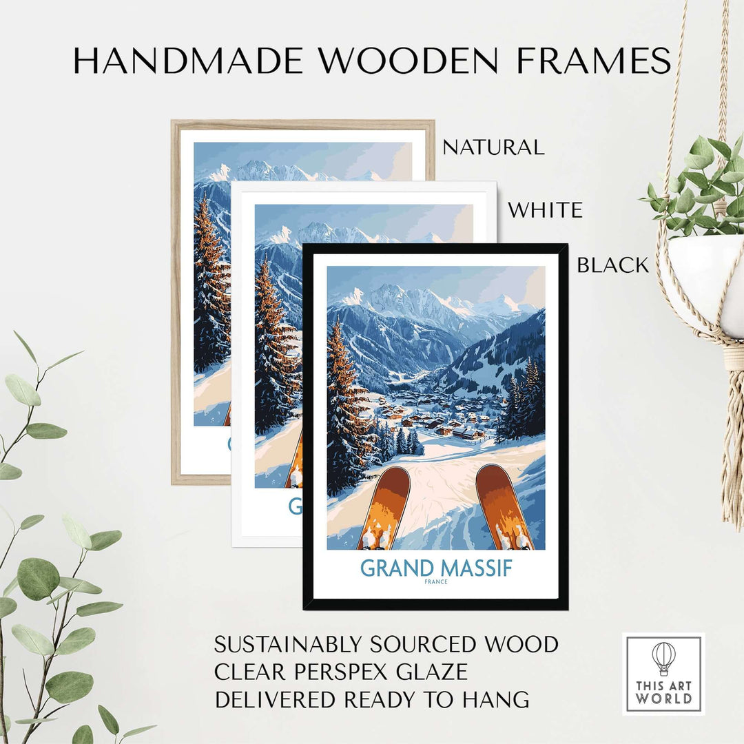 Handmade wooden frames in natural, white, and black for Grand Massif Ski Wall Art print, ready to hang.