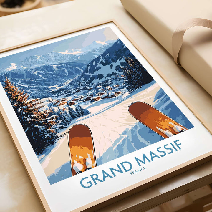 Grand Massif Ski Wall Art Print showcasing snowy slopes and mountains, perfect for winter decor and outdoor enthusiasts.