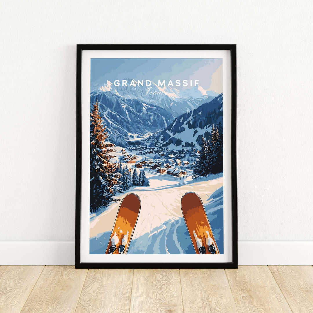 Grand Massif Ski Wall Art featuring a snowy mountain landscape and ski tips in a stylish frame for home decor.