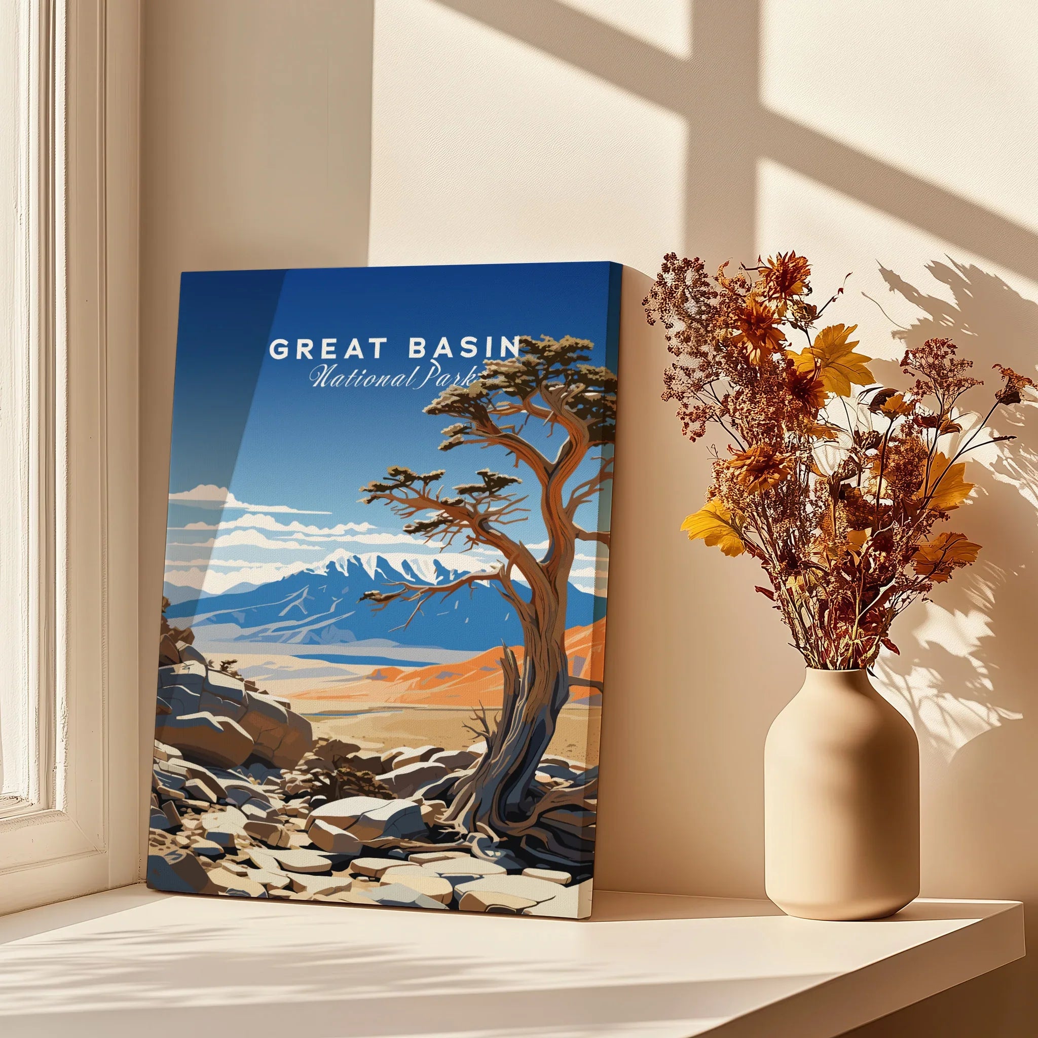 Great Basin National Park canvas print with scenic mountain art beside a vase of dried flowers