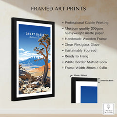 Framed Great Basin National Park art print with measurement details and product features.
