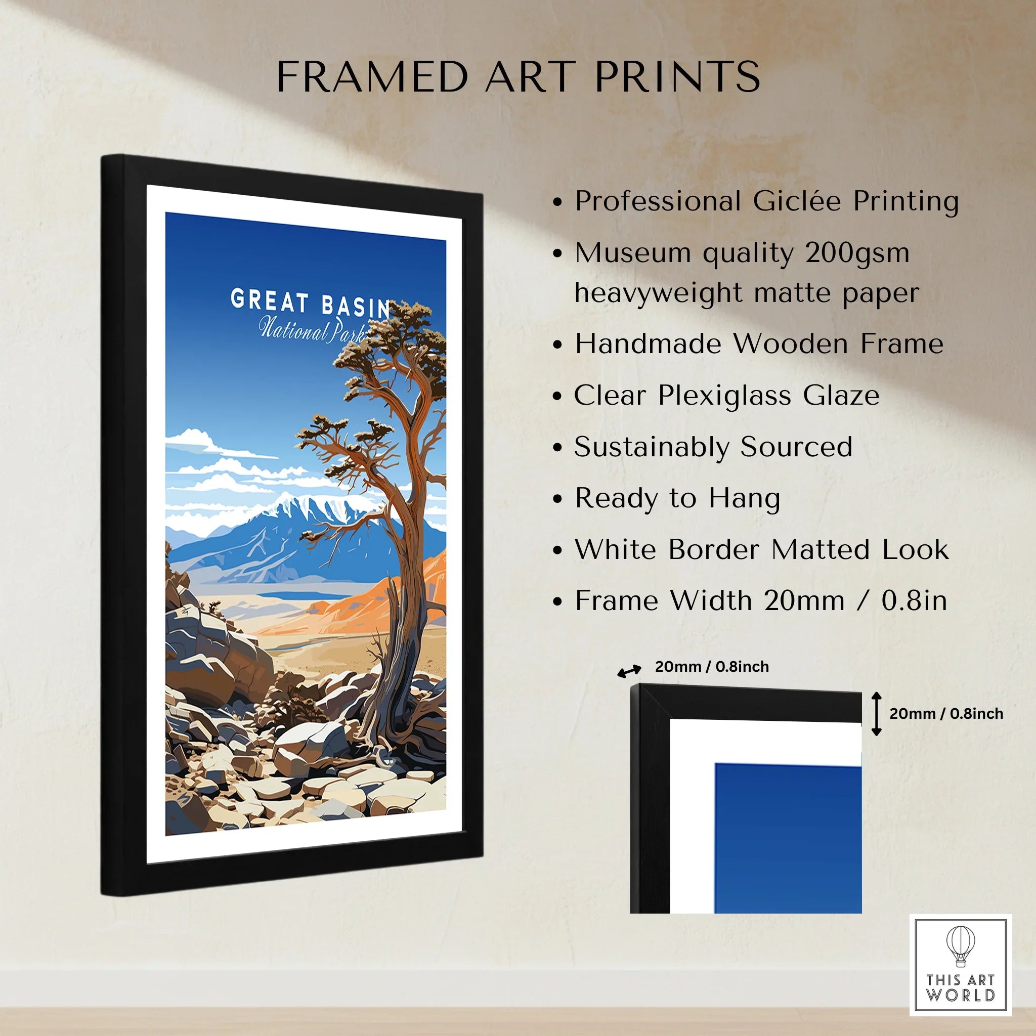Framed Great Basin National Park art print with measurement details and product features.