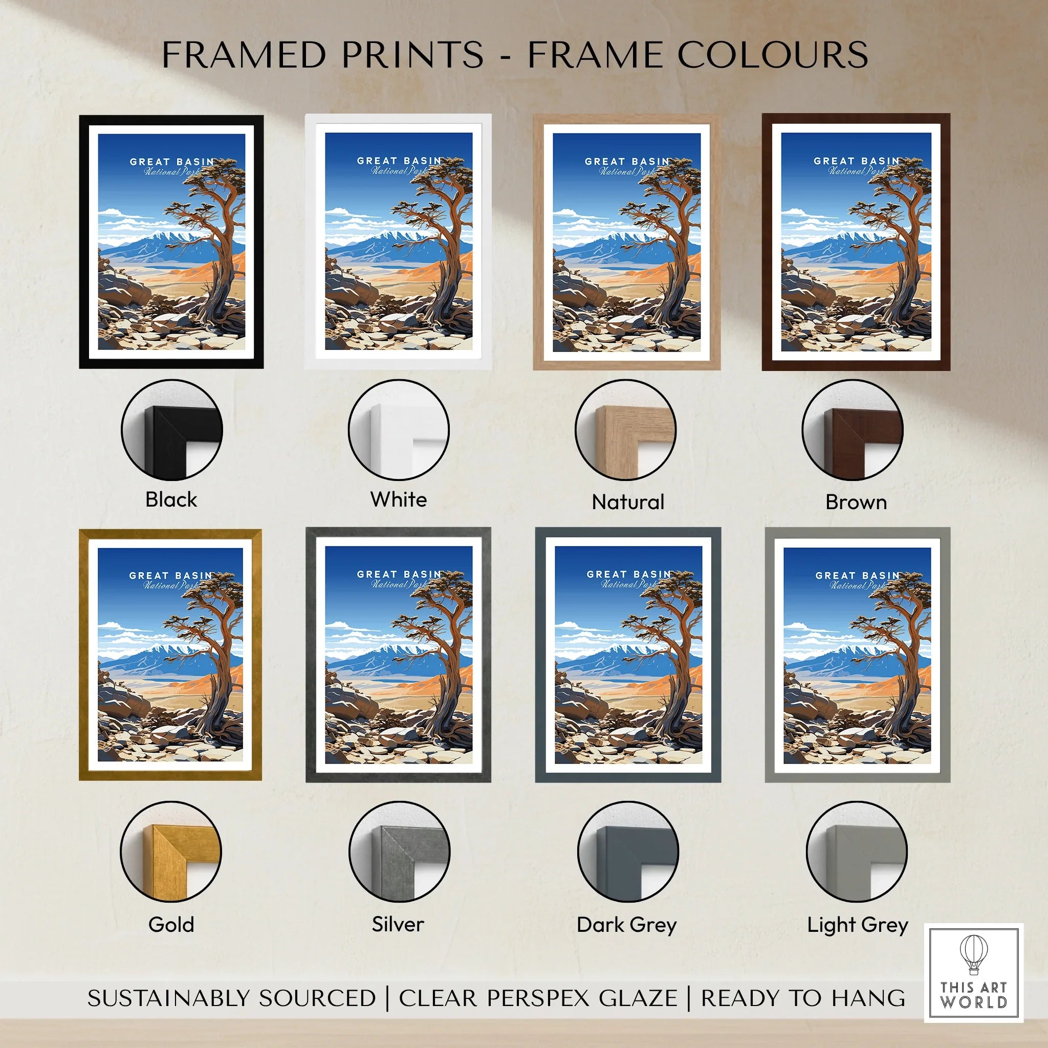 Great Basin National Park art print with multiple frame color options, desert landscape, travel poster style.