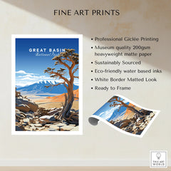 Great Basin National Park art print with mountain landscape, tree, rocky foreground, vibrant colors