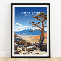 Great Basin National Park art print in black frame on wooden floor, showing desert landscape and tree.