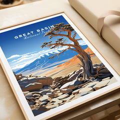 Framed Great Basin National Park art print closeup with desert landscape and tree illustration