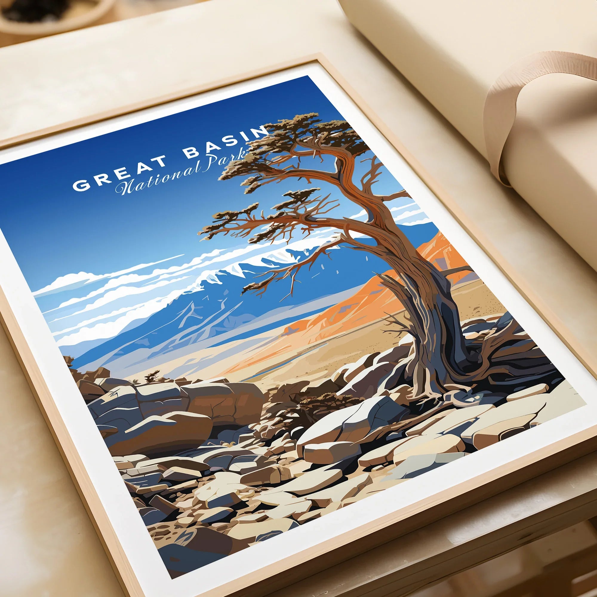 Framed Great Basin National Park art print closeup with desert landscape and tree illustration