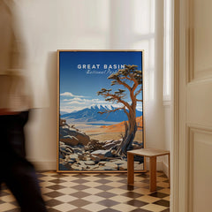 Framed Great Basin National Park travel poster art on floor, man walking past