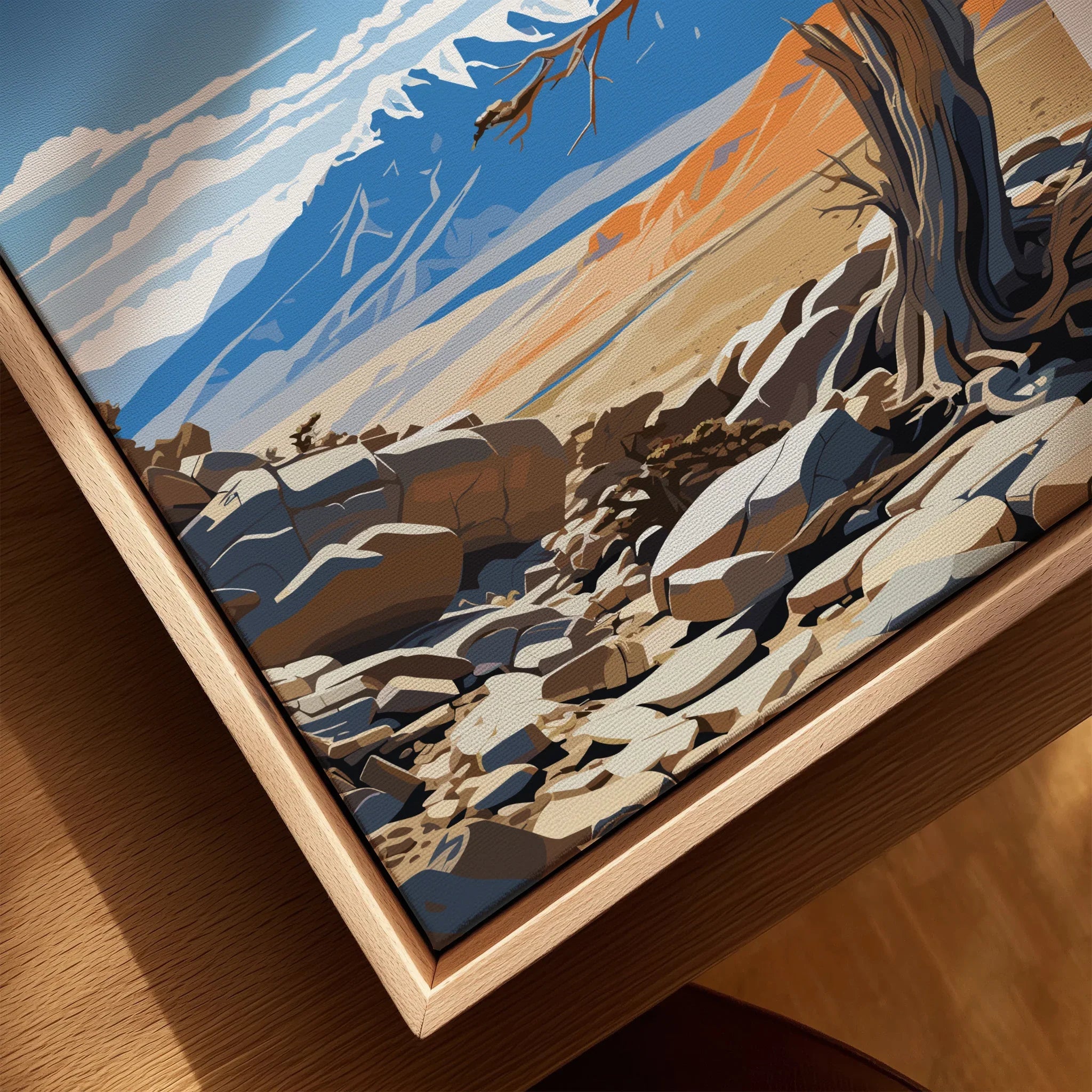 Canvas closeup of Great Basin National Park landscape print in natural wood floating frame.