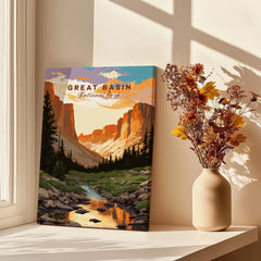 Great Basin National Park art print on canvas in sunlit window with vase of dried flowers