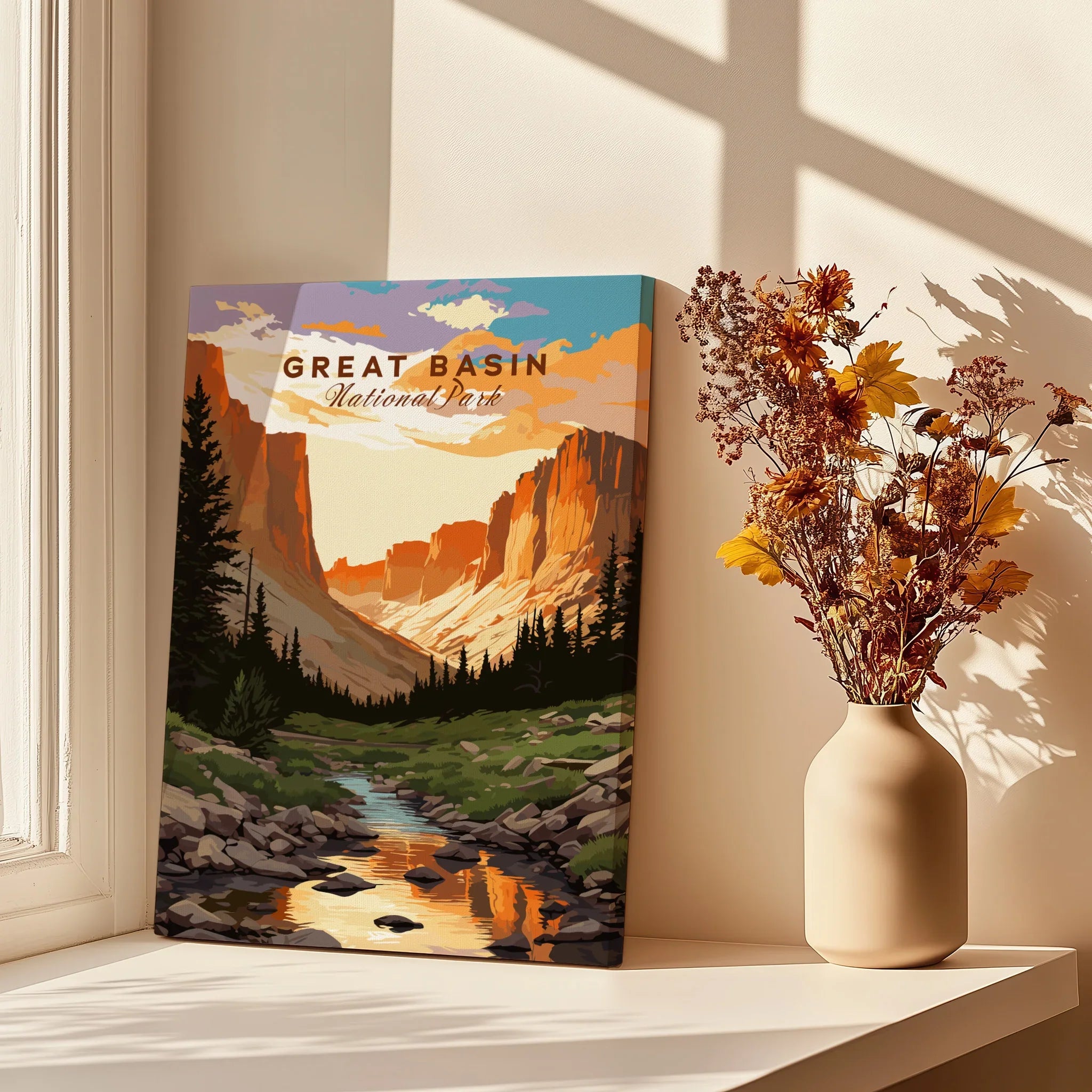 Great Basin National Park art print on canvas in sunlit window with vase of dried flowers