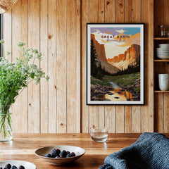 Great Basin National Park art print in a modern kitchen with wood walls and rustic decor