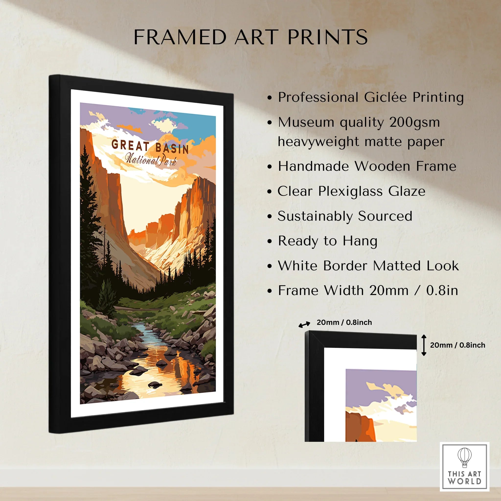 Framed Great Basin National Park art print with wooden frame and matted border details