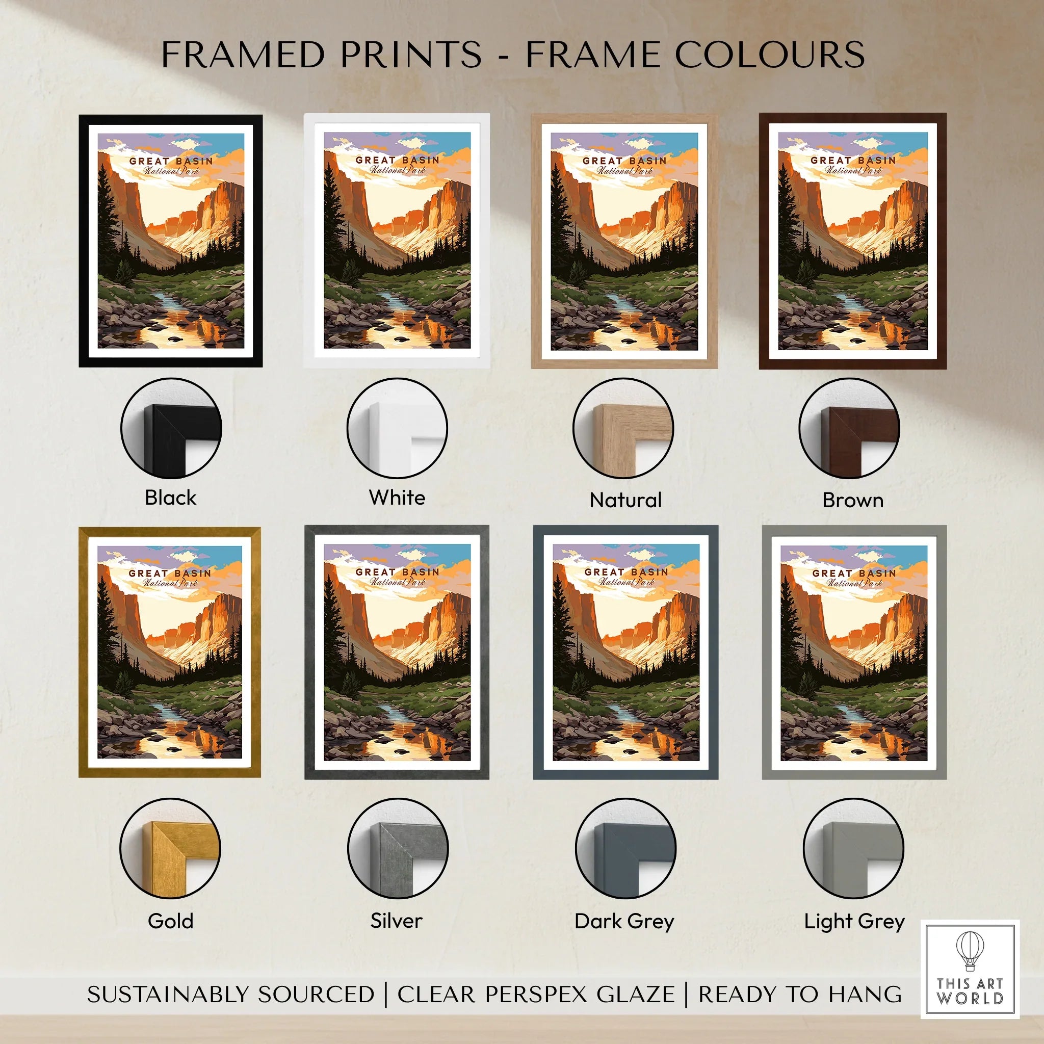Great Basin National Park art print in eight frame color options including black, white, natural, brown, gold, silver, dark grey, and light grey.