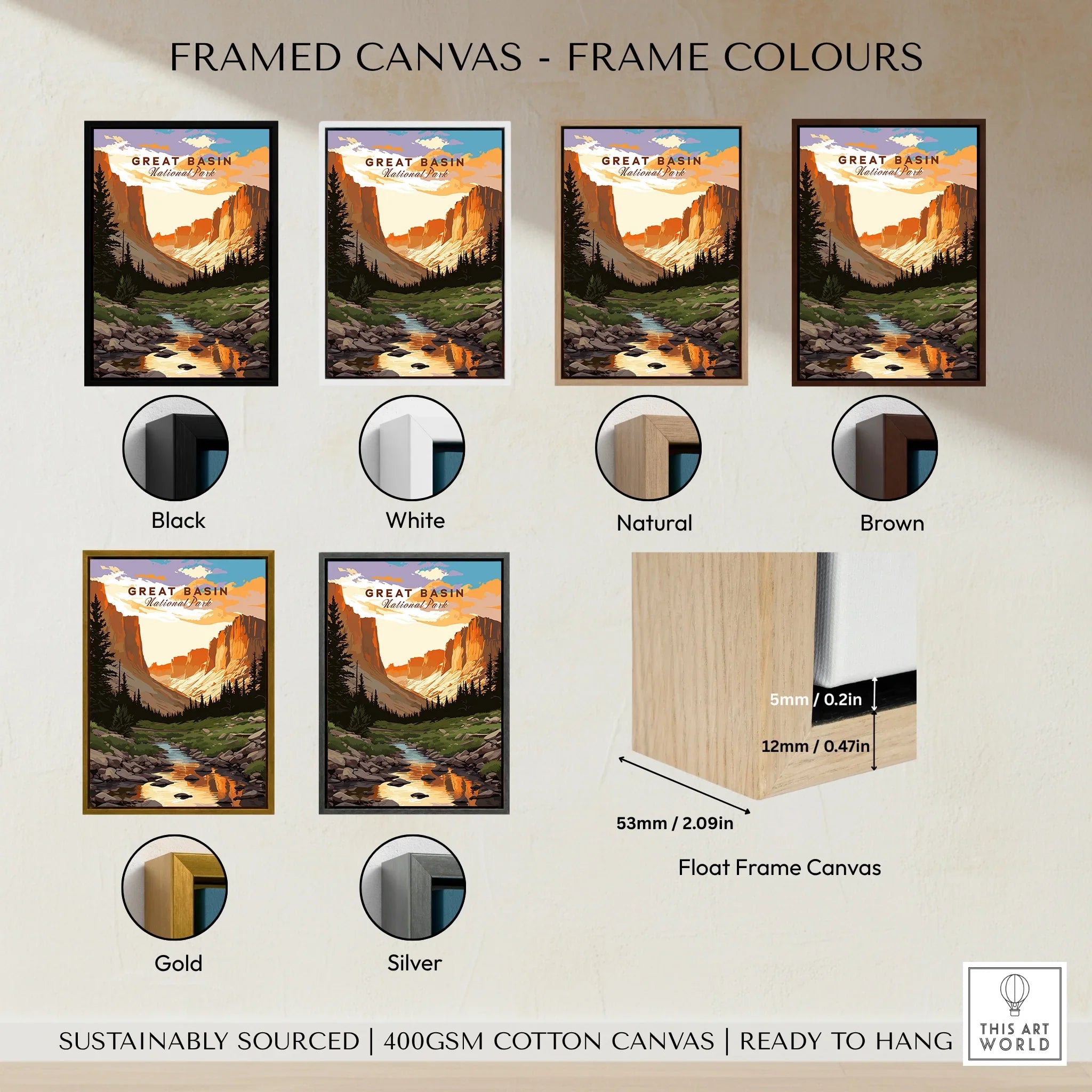 Great Basin National Park framed canvas wall art with six frame color options: black, white, natural, brown, gold, silver.