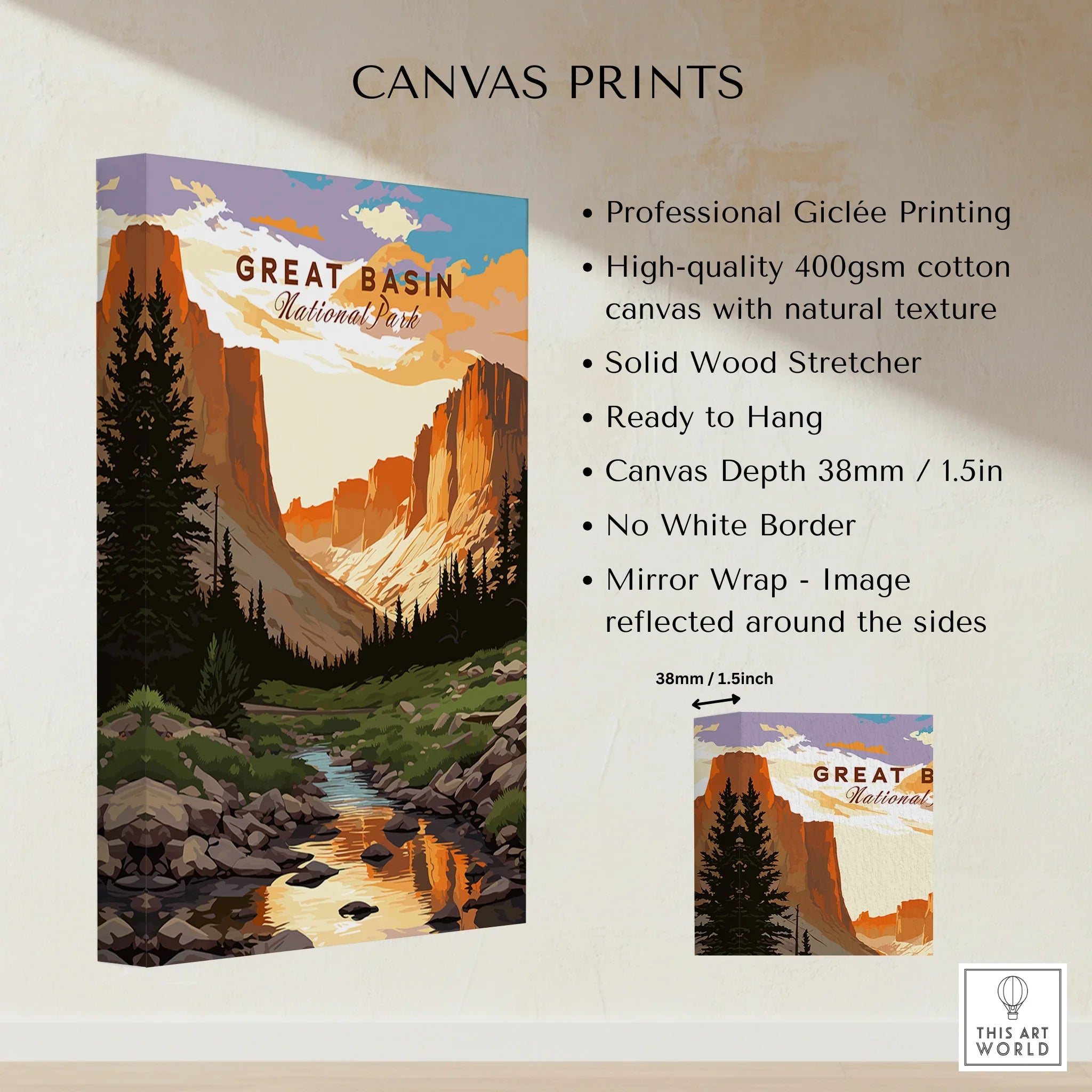 Great Basin National Park canvas print with mountain landscape, forest, and stream wall art