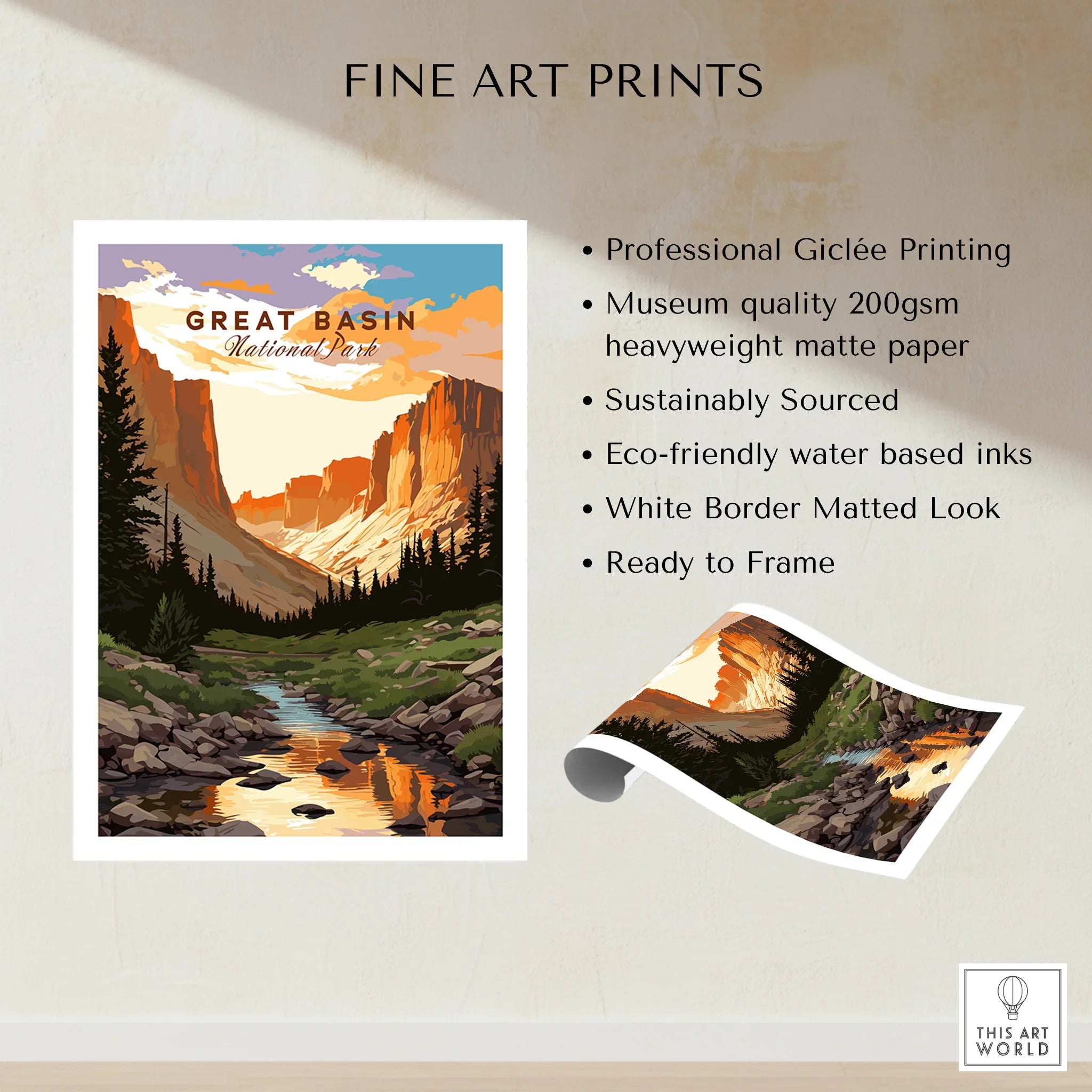 Great Basin National Park fine art print with mountain landscape, river, and sunset colors