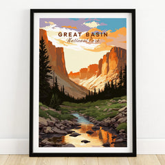 Great Basin National Park art print in black frame, landscape with mountains and stream