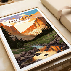 Great Basin National Park art print in natural frame, featuring mountain landscape and creek.