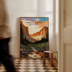 Framed Great Basin National Park travel poster on floor in modern room, man walking past.