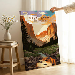 Hand holding Great Basin National Park landscape print in modern home decor setting