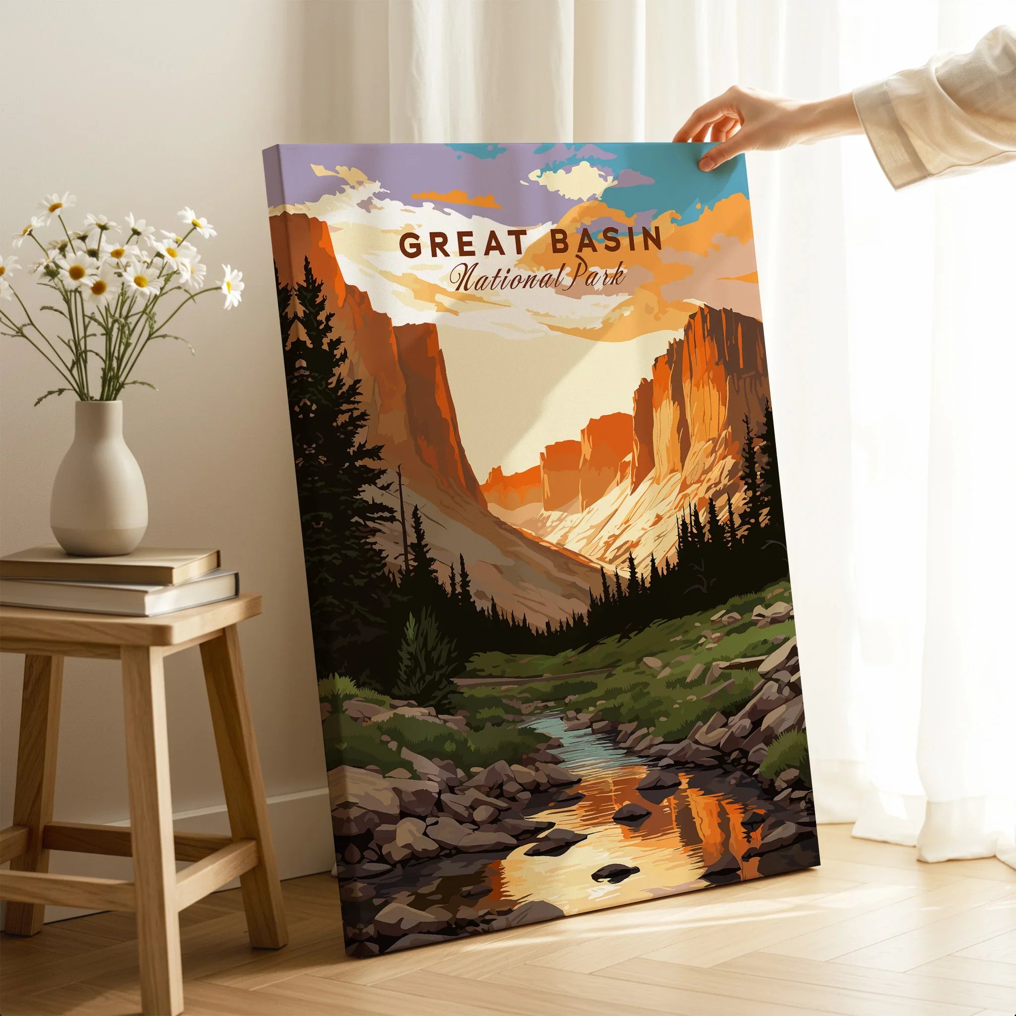 Hand holding Great Basin National Park landscape print in modern home decor setting
