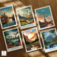 Set of six framed travel prints featuring Venice, Paris, Singapore, Great Basin, Highlands, Sri Lanka on wooden floor